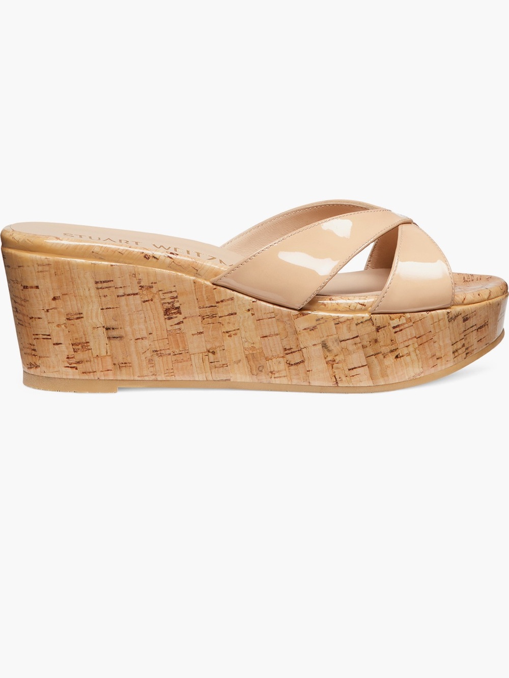 Stuart Weitzman Carmen Wedge Patent Nude Cork Slide